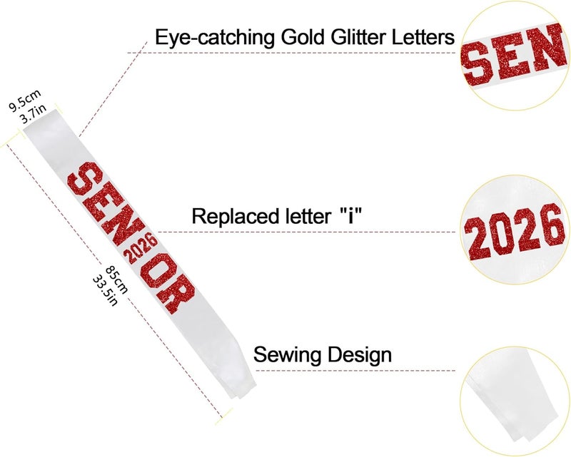 Partyprops 6Pcs White Senior 2026 Satin Sashes with Red Glitter Letters Senior 2026 Decorations - 2026 Graduation Celebrations Sashes - Senior Cheer Sash - Cheerleader Sash - Class Competition Sashes - Image 3